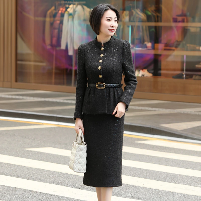 姜姜 法式名媛小香风修身显瘦包臀粗花呢半身裙套装两件套