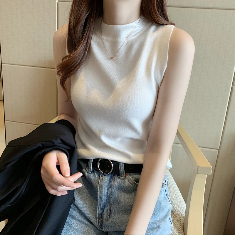 白色针织半高领坎肩背心新款内搭打底衫冰丝无袖T恤女款上衣夏季
