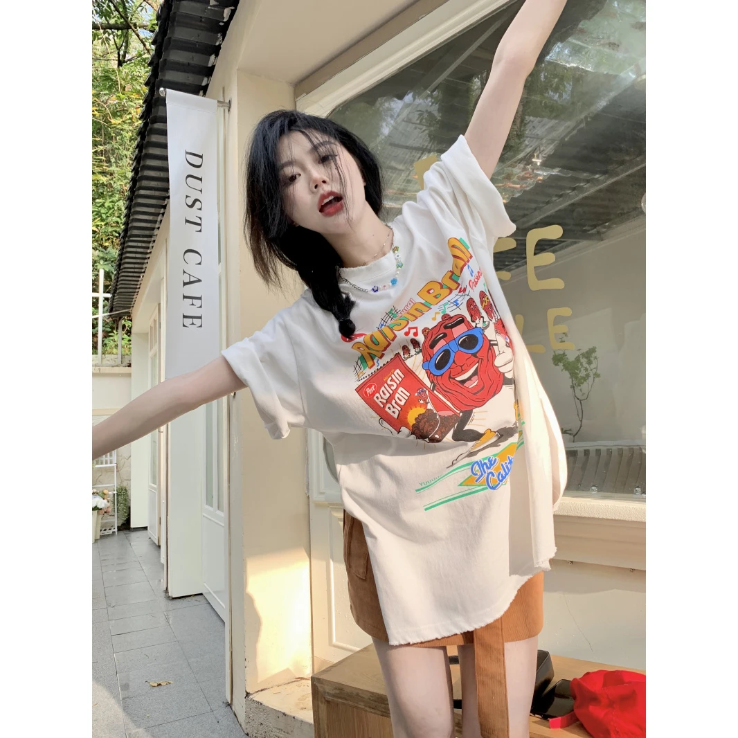 夏季白色短袖正肩印花t恤开叉中长款微胖显瘦字母宽松休闲上衣