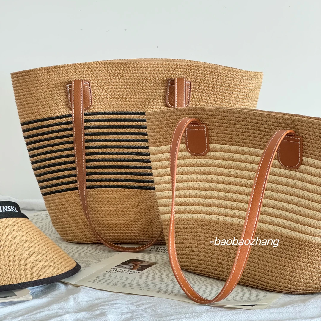 编织草编包通勤大容量编织包包夏天条纹单肩时尚小个子简约百搭包