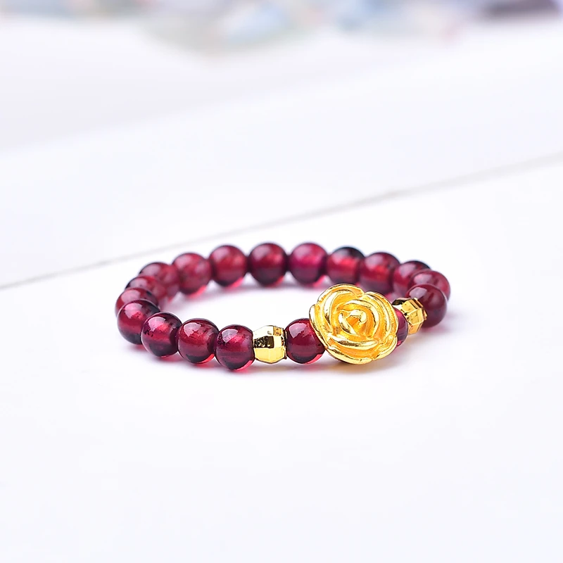 【黄金补贴】足金999玫瑰花搭配天然石榴石女士戒指（证书、礼盒）