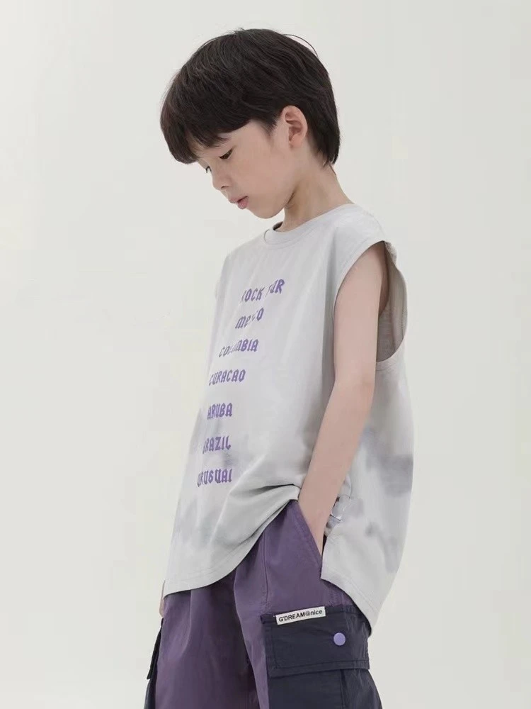 2024夏季新款打底男孩洋气休闲百搭扎染印花无袖背心T恤薄款上衣