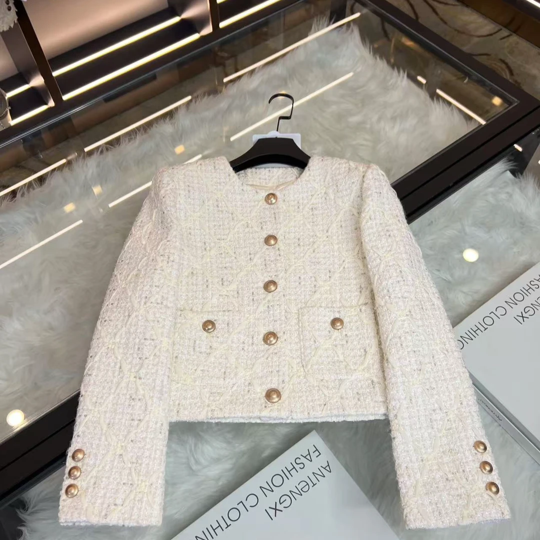 高端粗致外套女2025年出行新款冬季名媛粗花呢气质圆领上衣