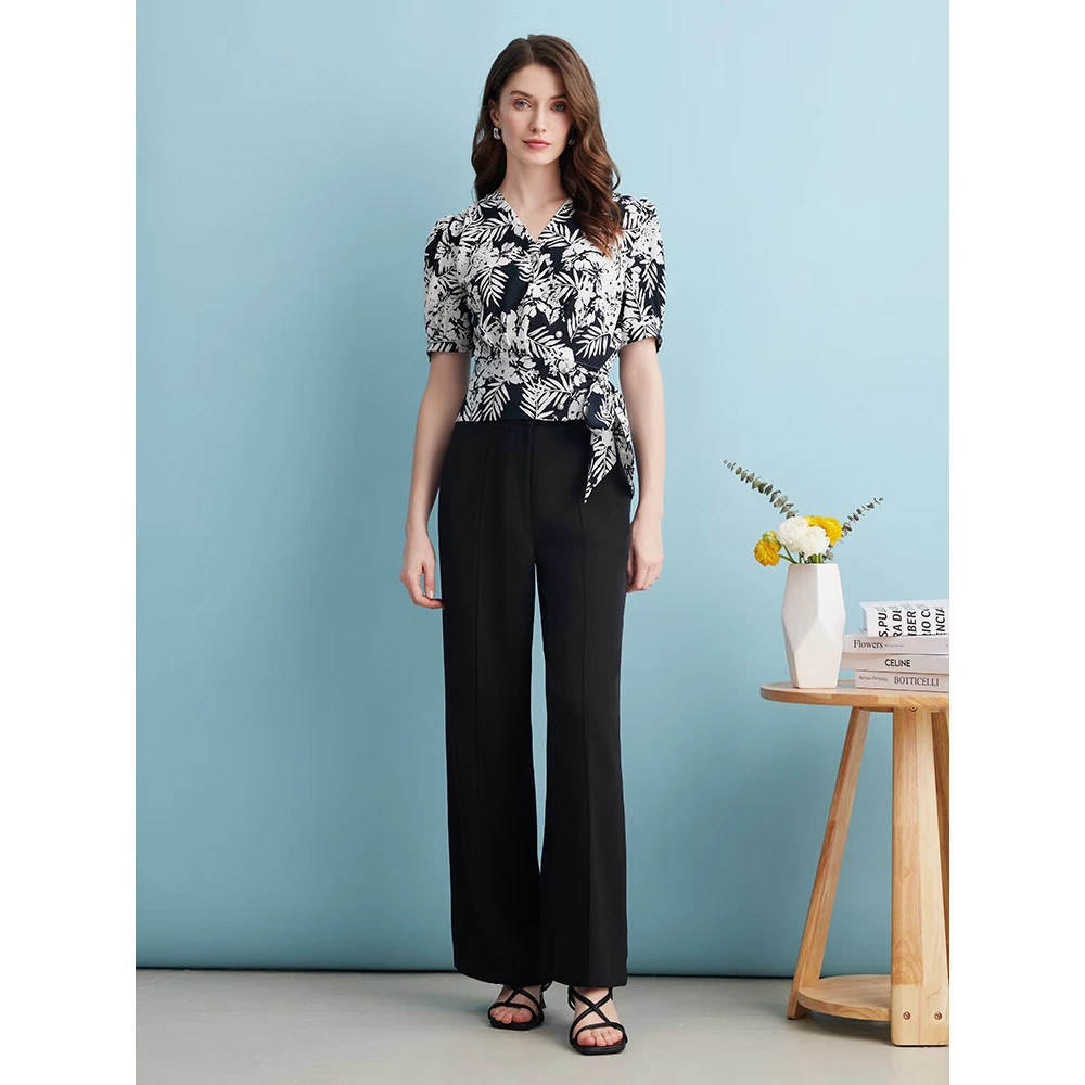 EITIE/爱特爱V领泡泡袖显瘦印花衬衫短上衣夏季新款B2413312