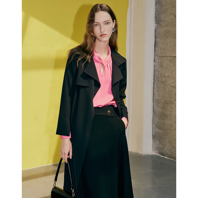 EITIE爱特爱秋季新款英伦工装风显瘦气质长款双排扣风衣7304007