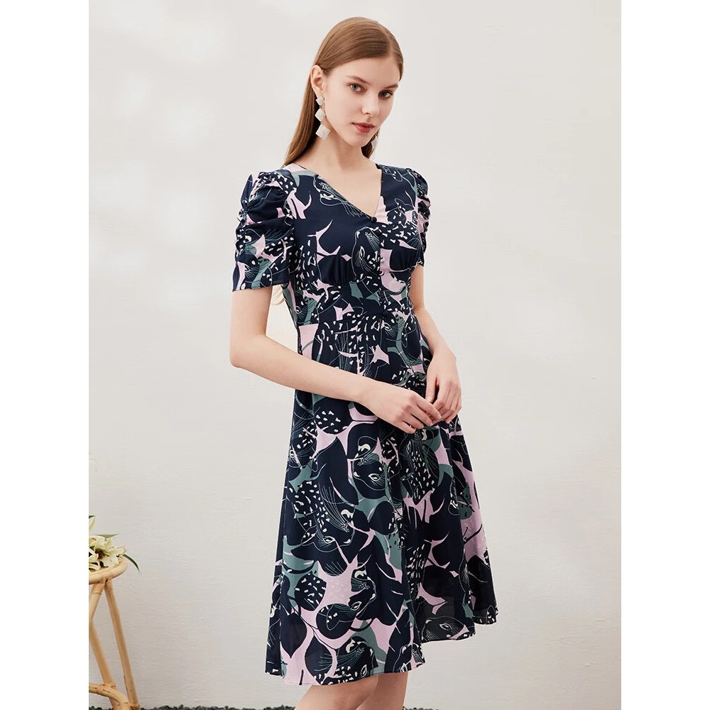 茶歇V领印花桑蚕丝中裙连衣裙真丝显瘦夏季新7007769