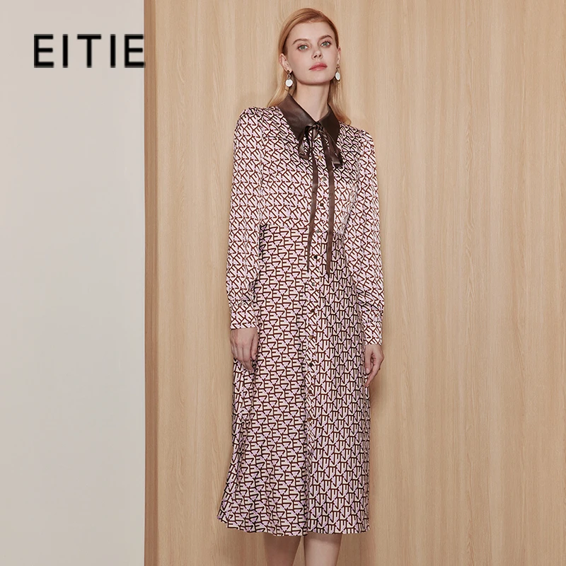 EITIE爱特爱秋季新款时尚洋气印花收腰显瘦立领连衣裙女7107834