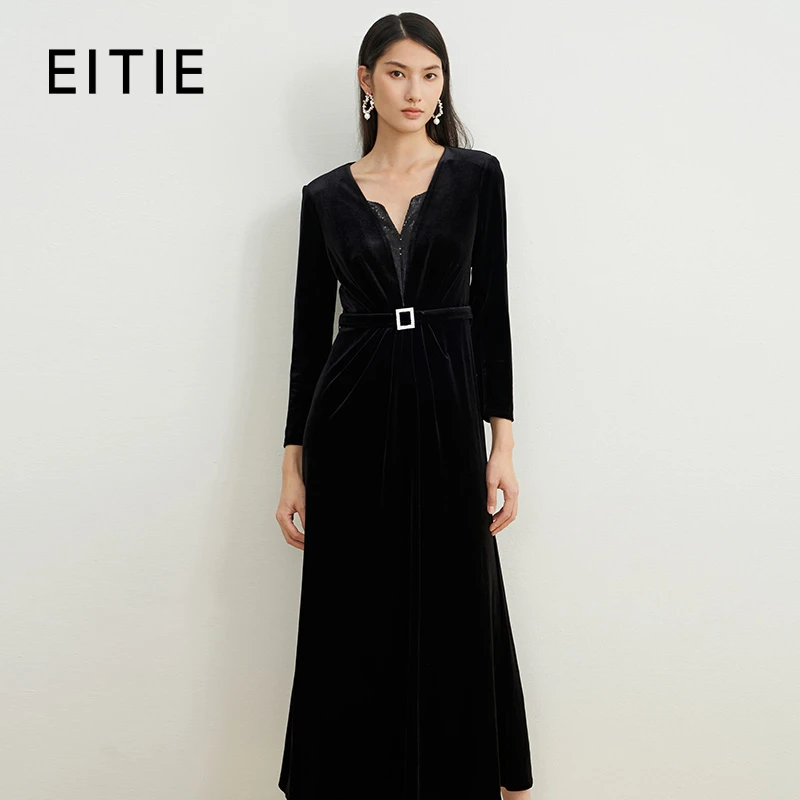 EITIE爱特爱高级感黑色丝绒礼服千金连衣裙长款鱼尾春秋款6410