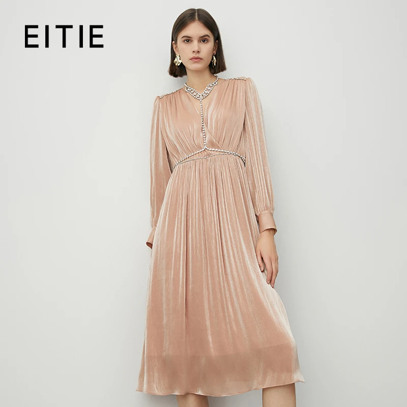 EITIE/爱特爱女装秋新款洋气优雅收腰长袖礼服长裙连衣裙7177805