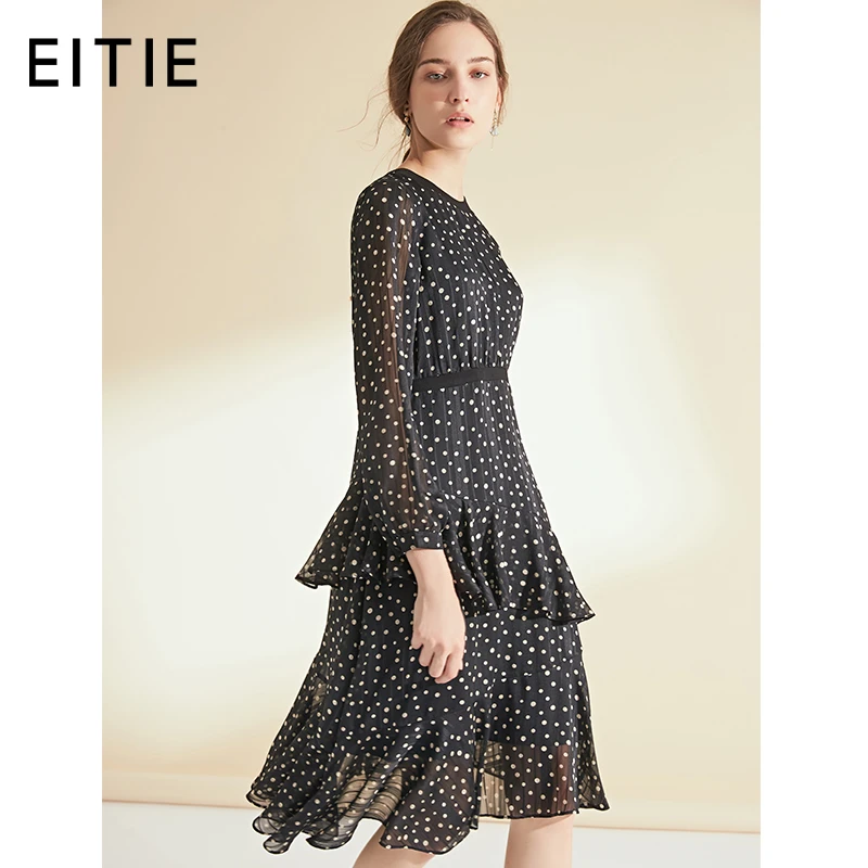 EITIE爱特爱女装秋季层次荷叶边收腰显瘦黑白波点连衣裙6007717