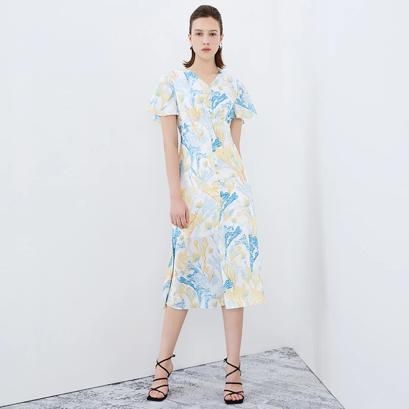 EITIE爱特爱秋季新款高腰气质优雅印花夏季收腰女装连衣裙7507202