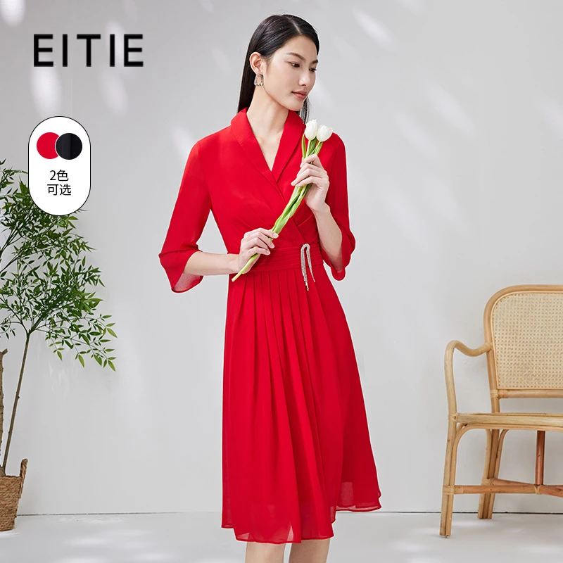 EITIE/爱特爱女装夏季法式优雅钻饰流苏连衣裙7007764系带收腰