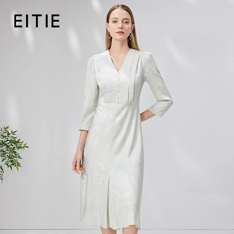EITIE/爱特爱女装秋季新款优雅温柔V领高腰显瘦印花连衣裙7107815