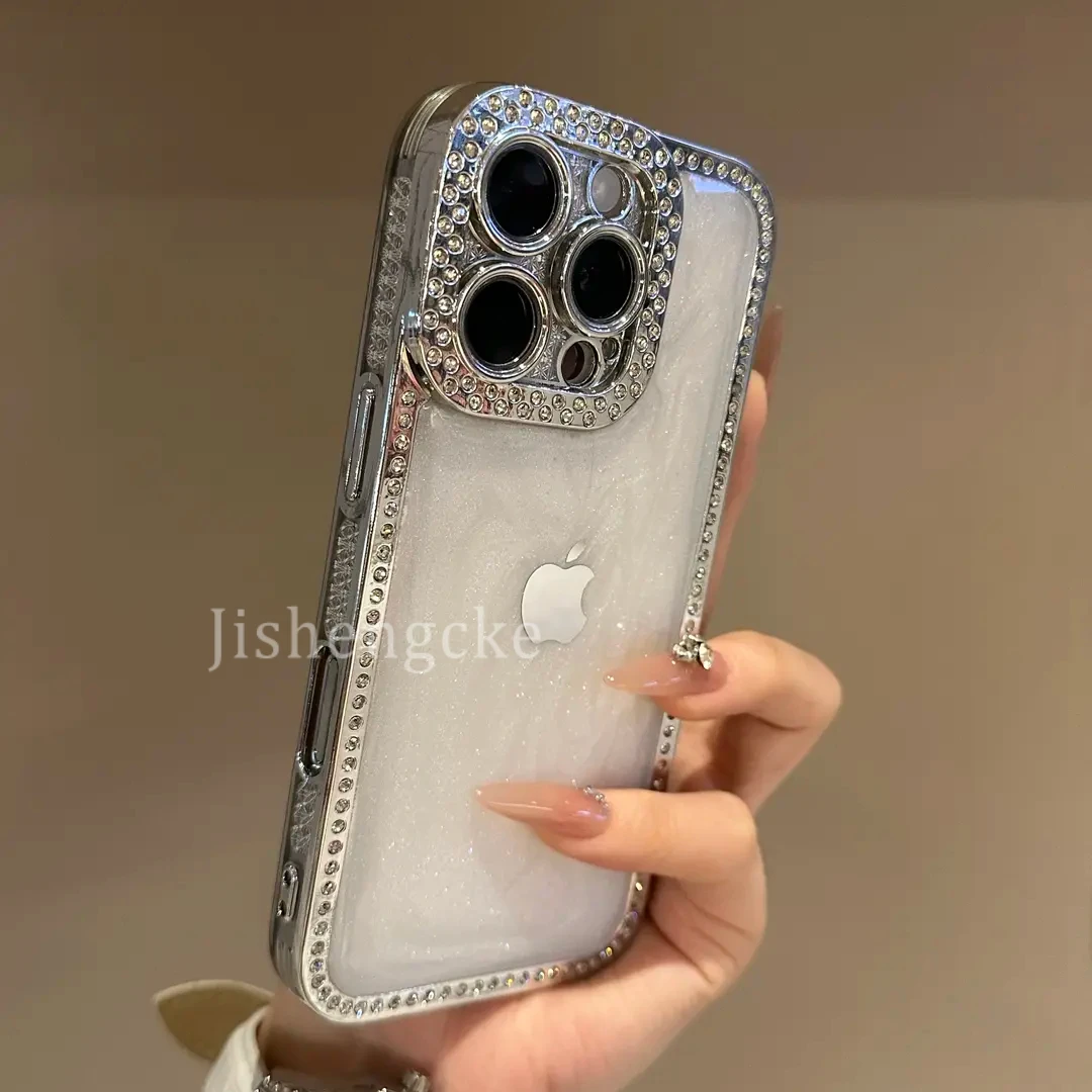 高颜值银色奶油滴胶闪钻适用iPhone16手机壳15时尚14pro/13女软壳