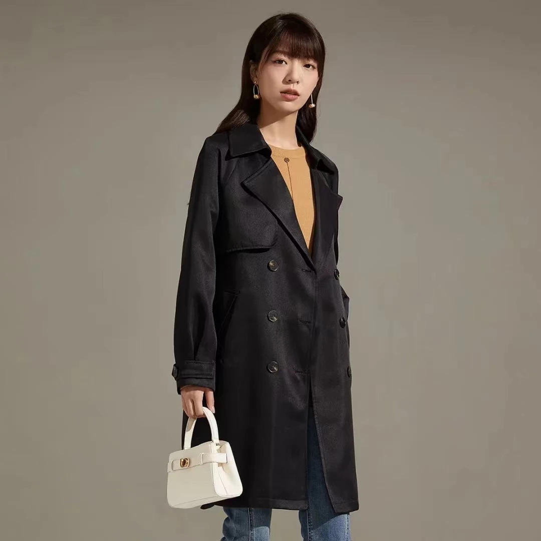 FY032大版黑色春秋款翻领纯色双排扣休闲通勤中长款宽松风衣外套