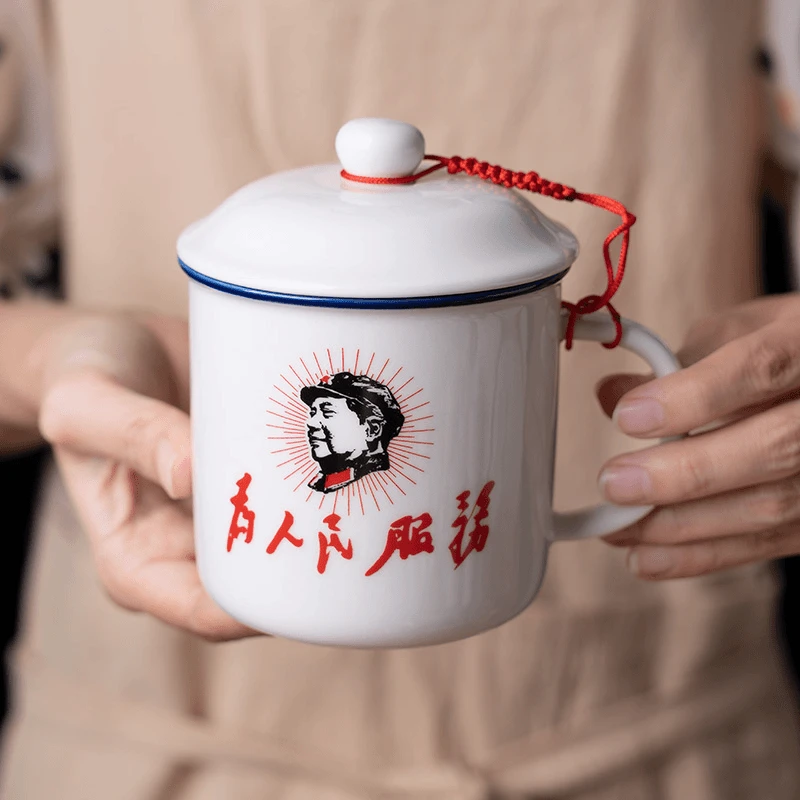 大容量怀旧陶瓷茶缸创意图案经典复古马克杯老式仿搪瓷茶杯D347