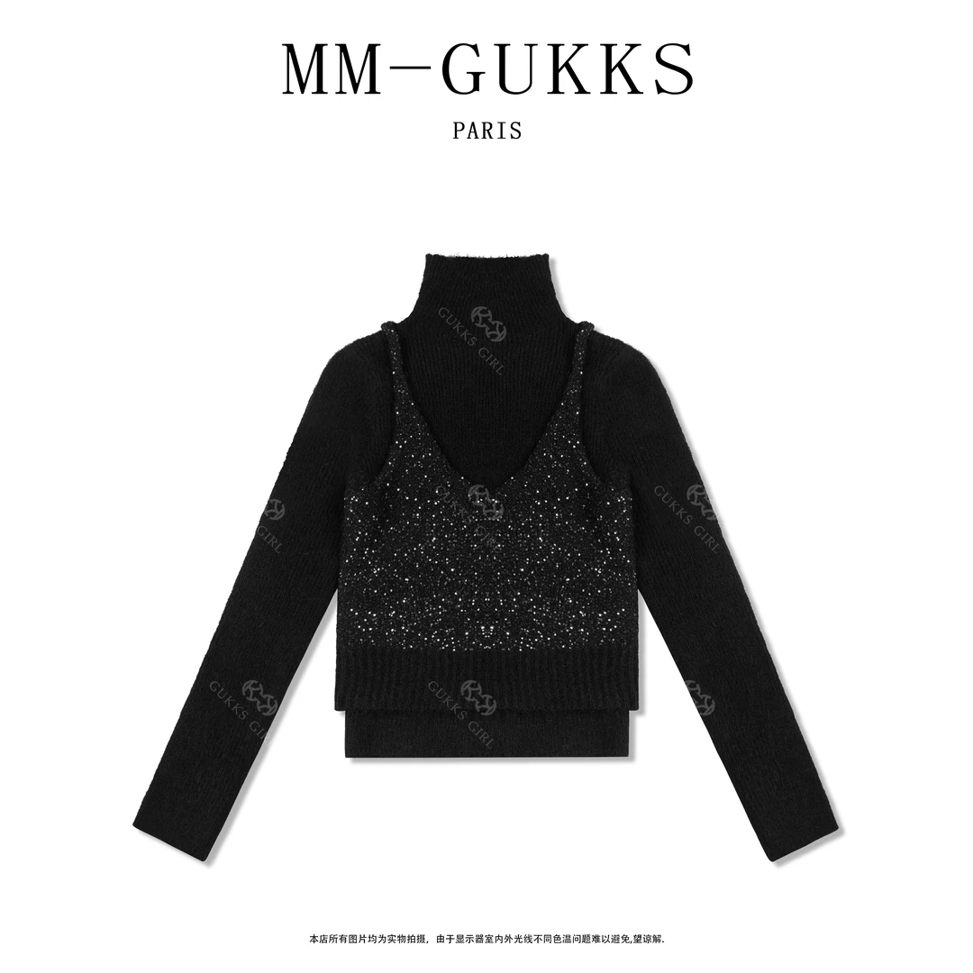 明明GUKKS/秋冬软糯高领舒适毛衣假两件亮片针织衫