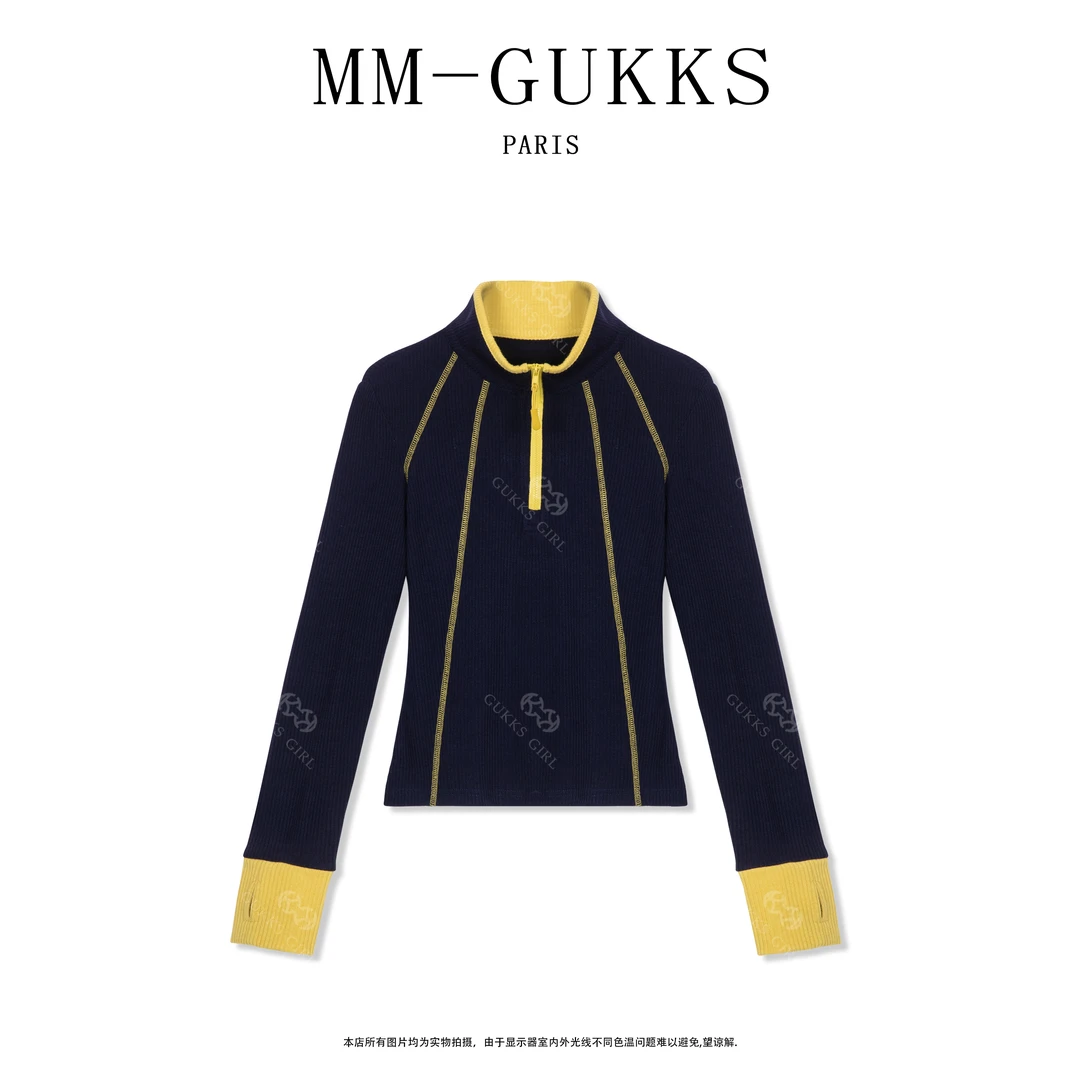 明明GUKKS/冬季新款休闲百搭显瘦重工明线半拉链撞色双面绒打底