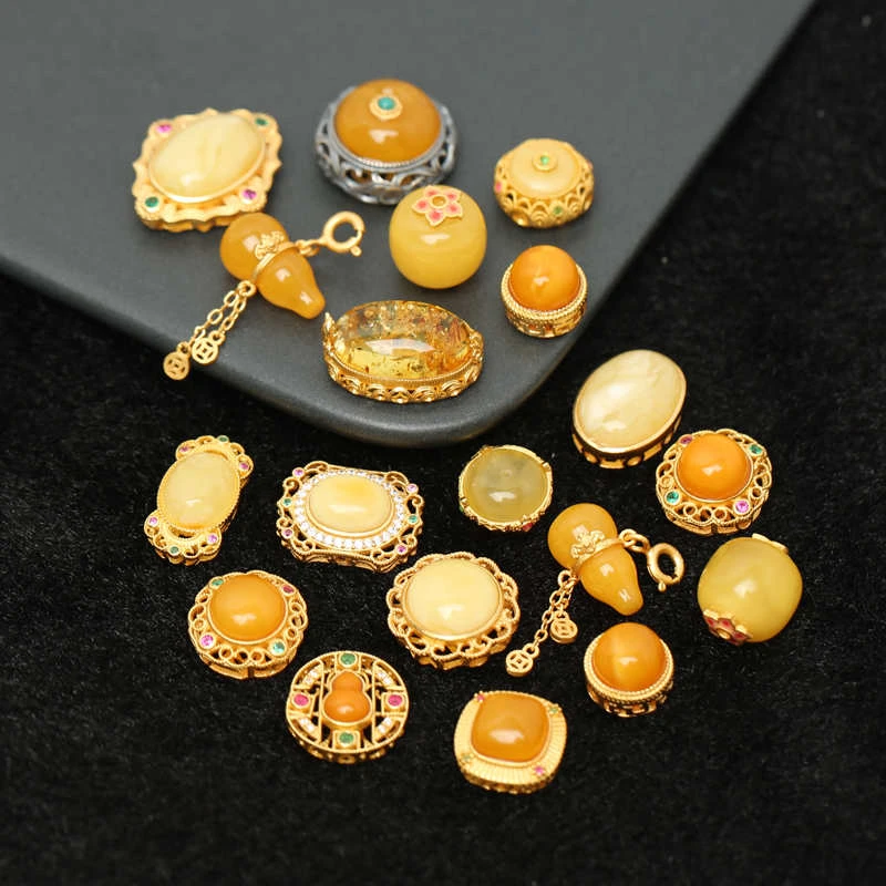 925银镀金天然蜜蜡葫芦隔珠吊坠花珀蛋面diy手链配件多样性发货