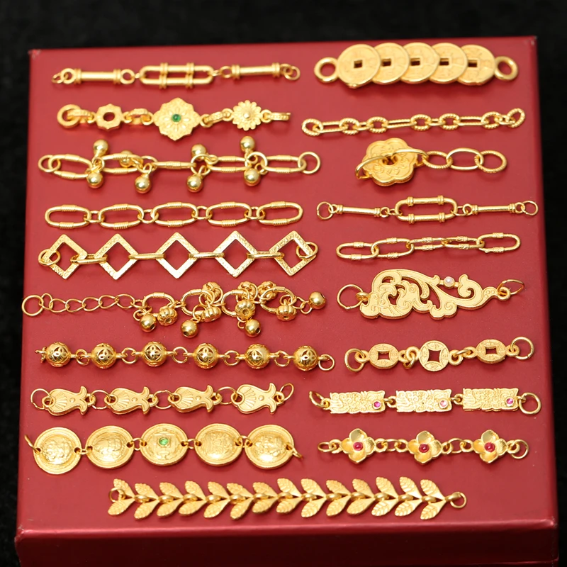 925银银制品 古法银镀金五帝钱平安喜乐四叶草延长链diy手链配件