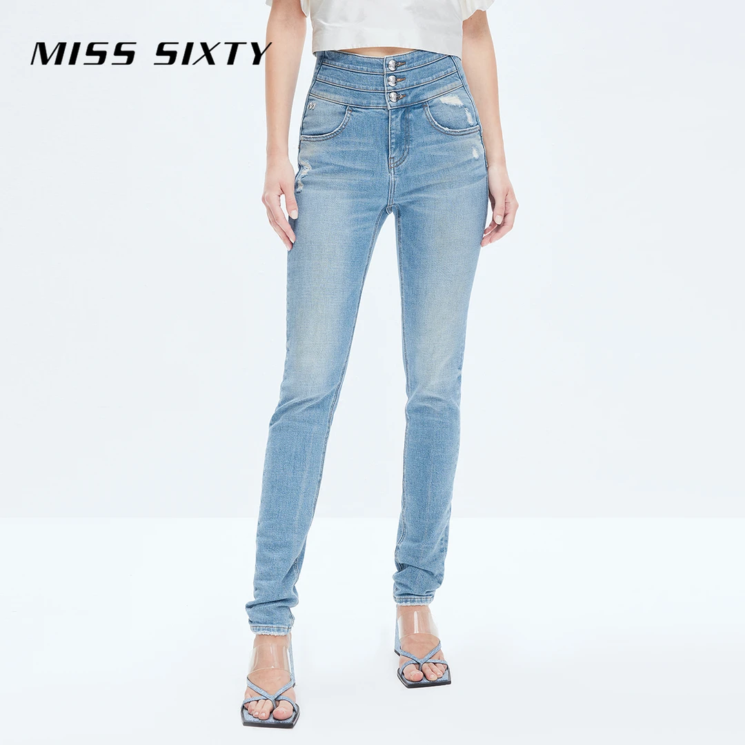 【进口牛仔面料】Miss Sixty牛仔裤女三环高腰破洞修身百搭通勤
