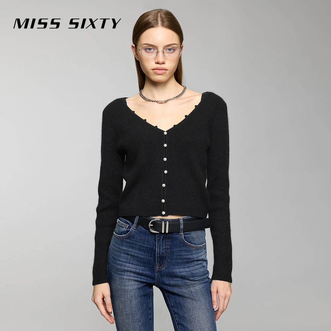 Miss Sixty套头钉珠百搭简约气质V领修身短款打底上衣长袖针织衫