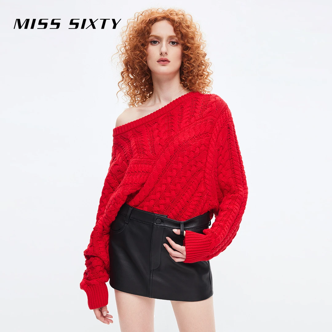Miss Sixty长袖针织衫女复古麻花纹理新年毛衣不对称宽松慵懒风
