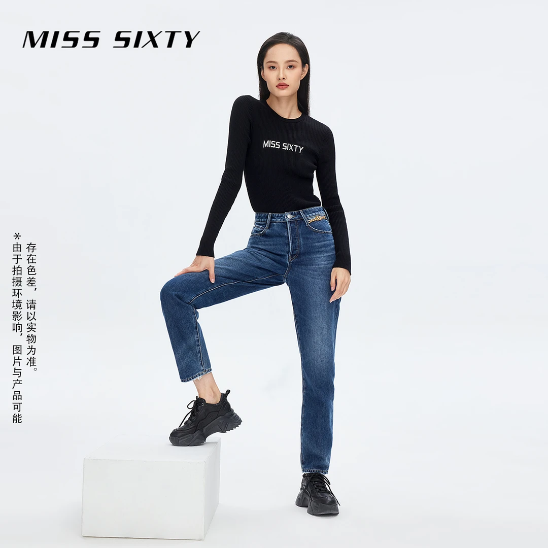 Miss Sixty牛仔裤装纽扣复古深蓝磨破直筒裤