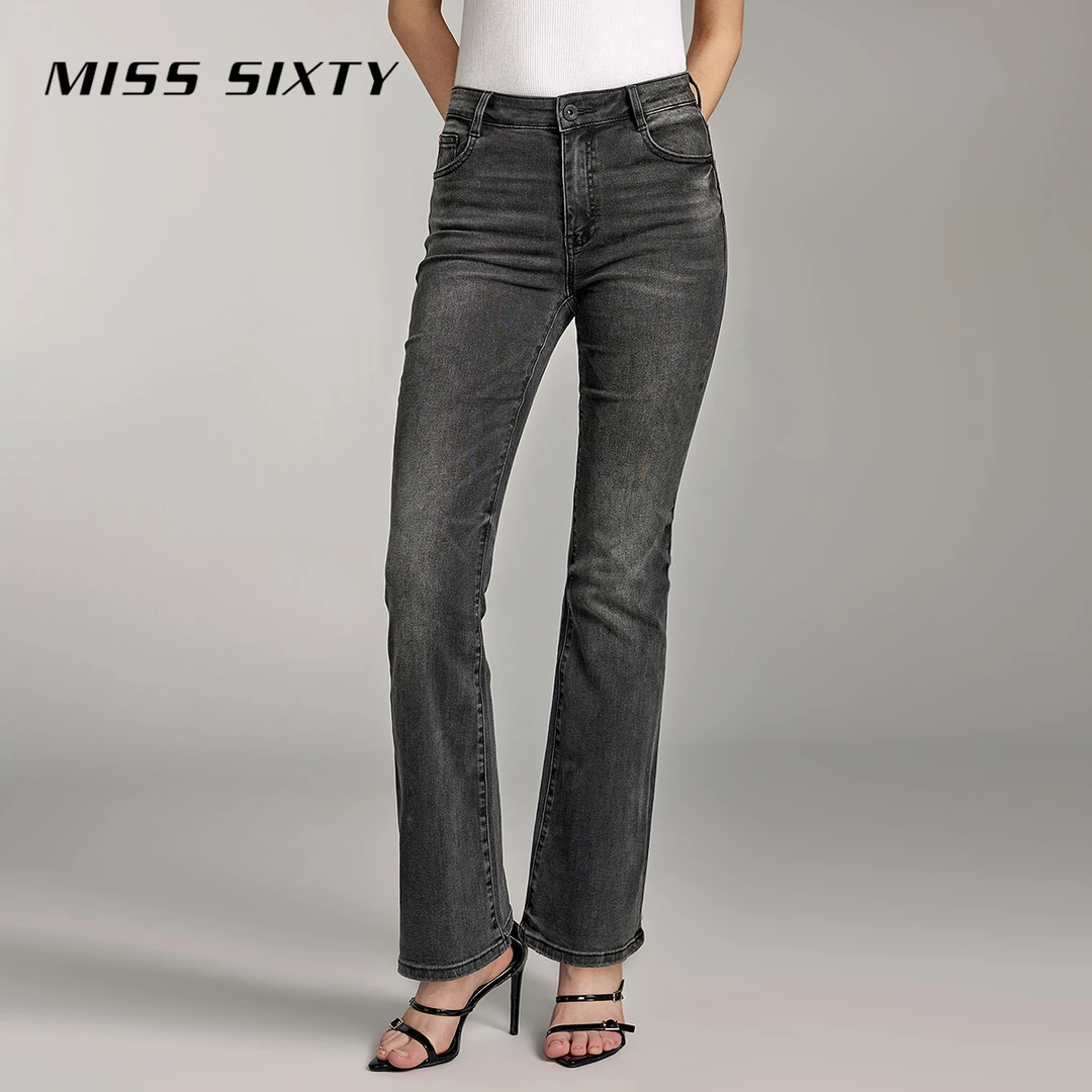 Miss Sixty秋季牛仔裤女黑灰色复古质感显瘦修身微喇裤通勤流光风