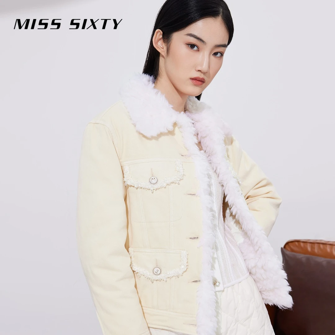 Miss Sixty冬季新款羊羔绒牛仔羽绒外套夹克女毛领白鸭绒保暖秋冬