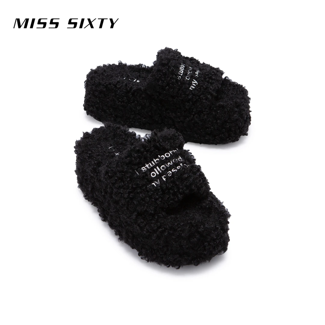 Miss Sixty春季新款毛毛拖鞋女高级感外穿一字厚底松糕鞋百搭