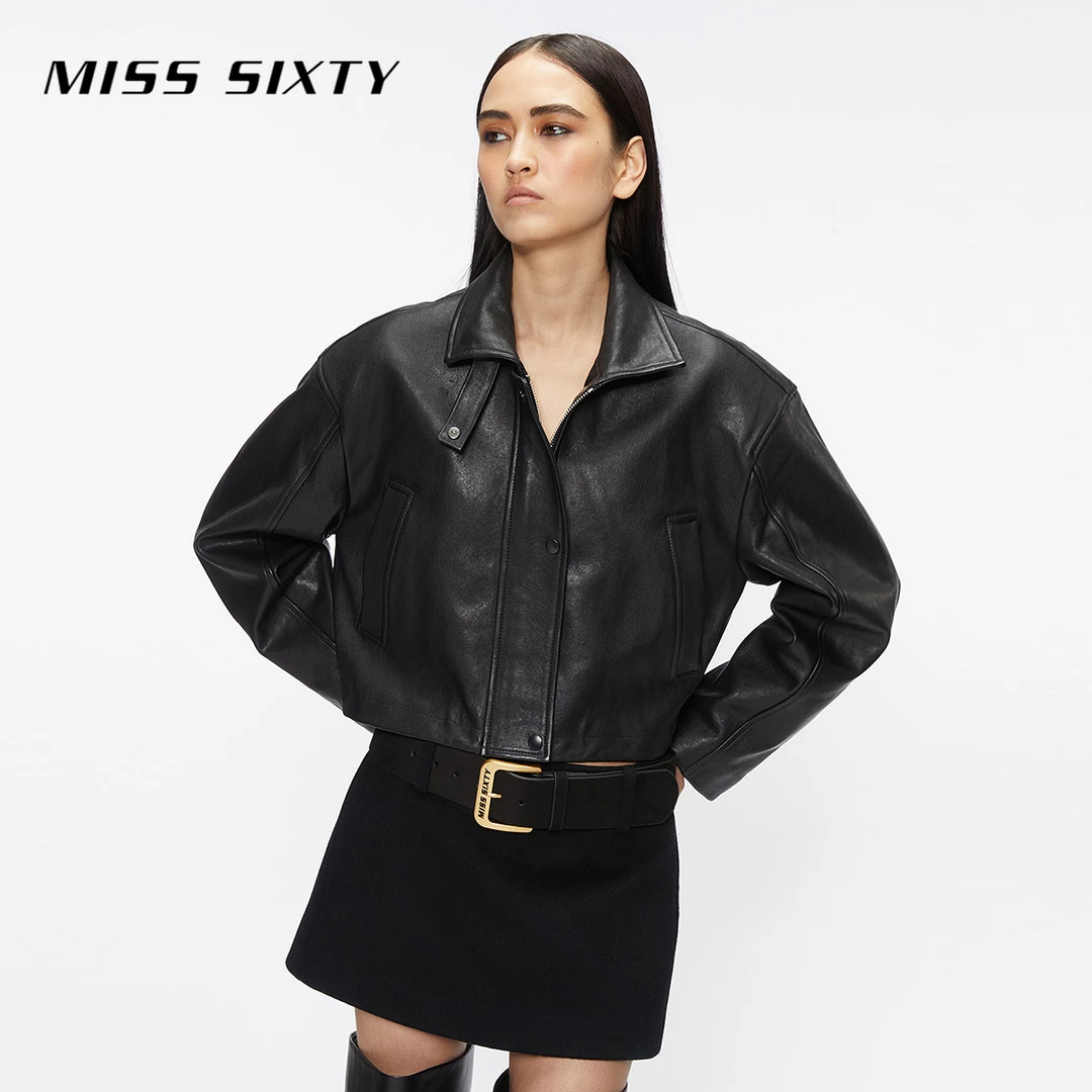 Miss Sixty冬季新款真皮外套女羊皮革翻领短款拉链复古机车风