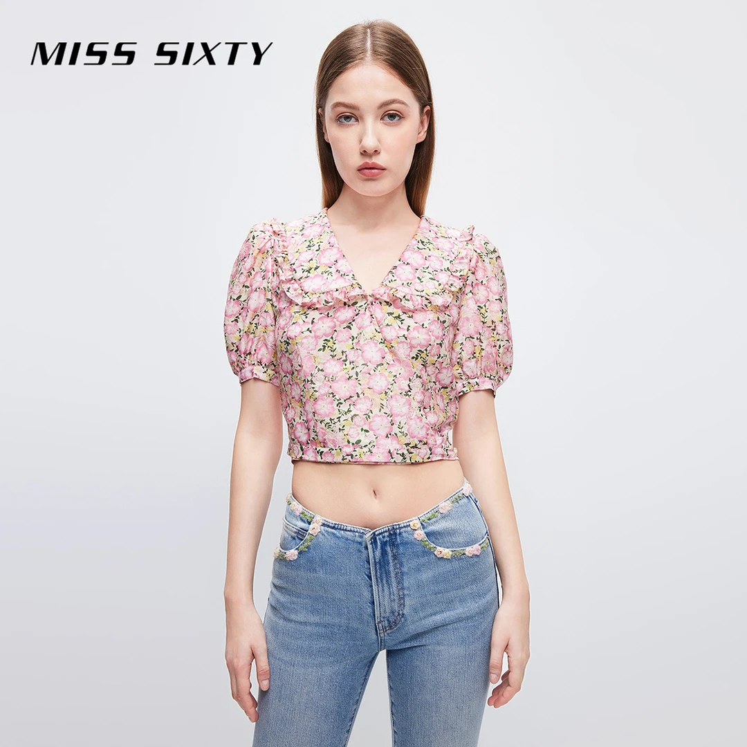 Miss Sixty泡泡袖衬衫女法式碎花娃娃领短袖设计感上衣风感波粒