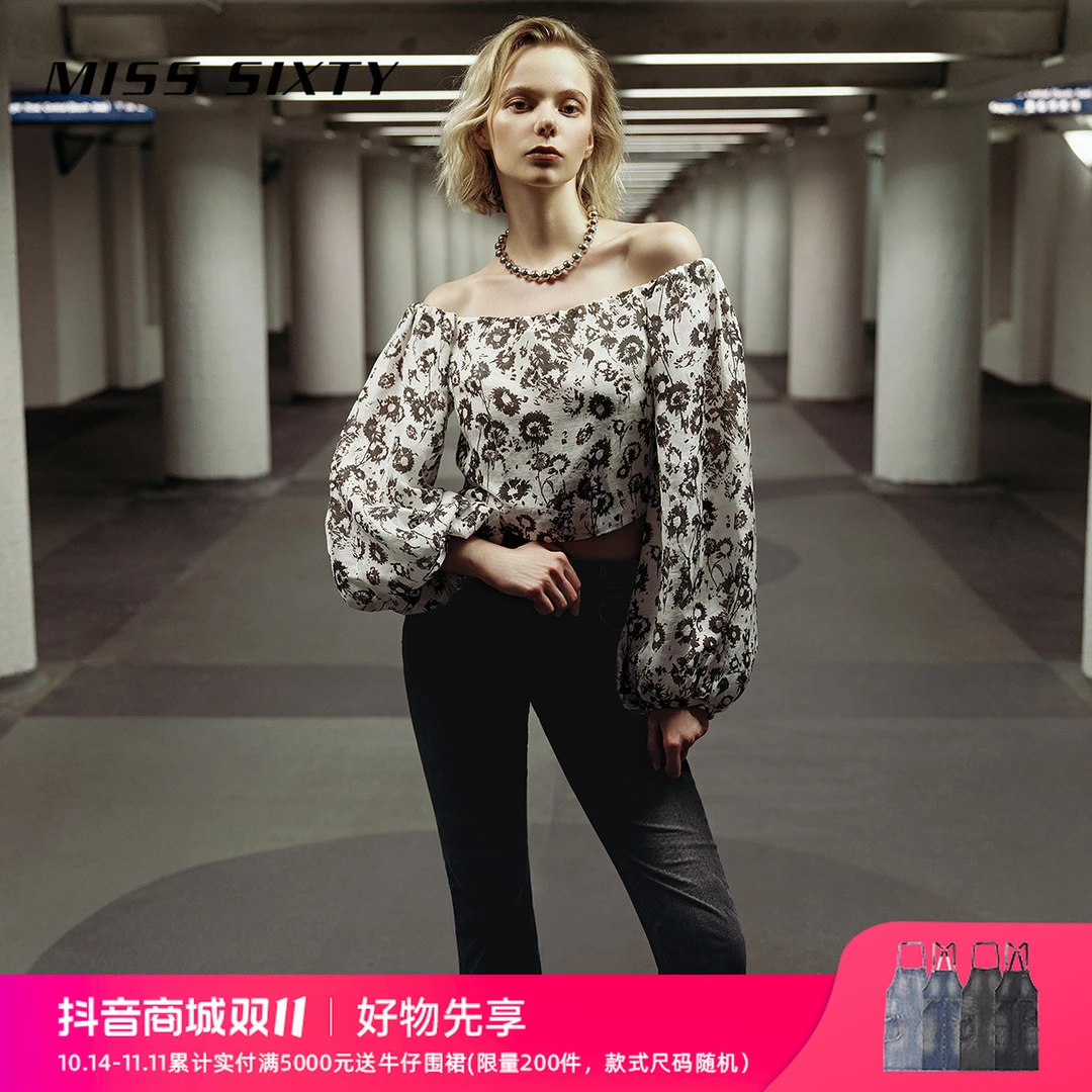 Miss Sixty衬衫女性感一字肩丝麻印花灯笼袖时尚穿搭风感波粒