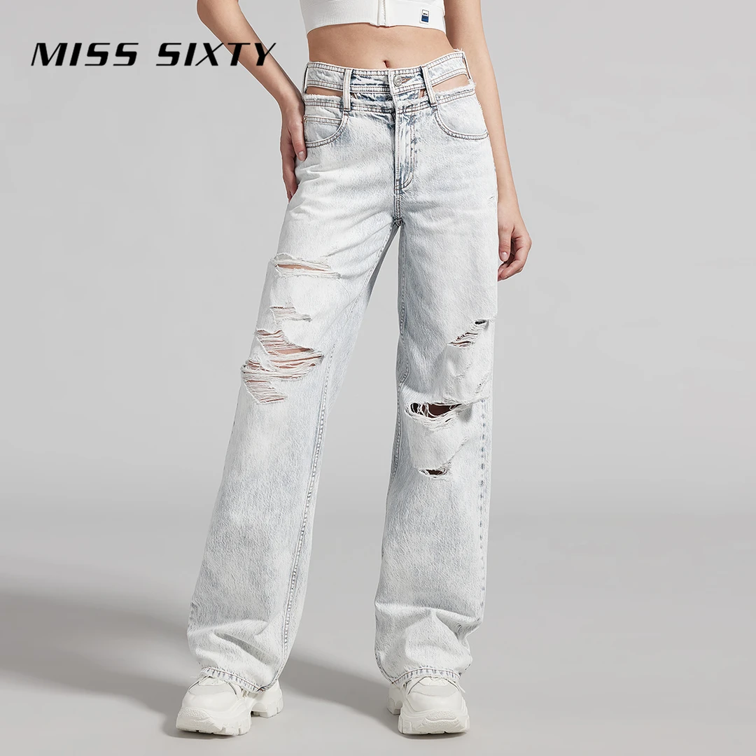 【进口牛仔面料】Miss Sixty牛仔裤女复古破洞镂空高腰显瘦直筒裤
