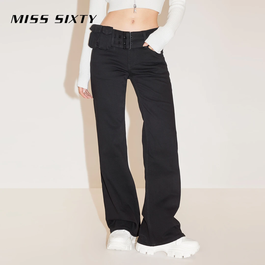Miss Sixty春季新款牛仔裤女可拆宽腰带显瘦工装微喇小黑裤流光风