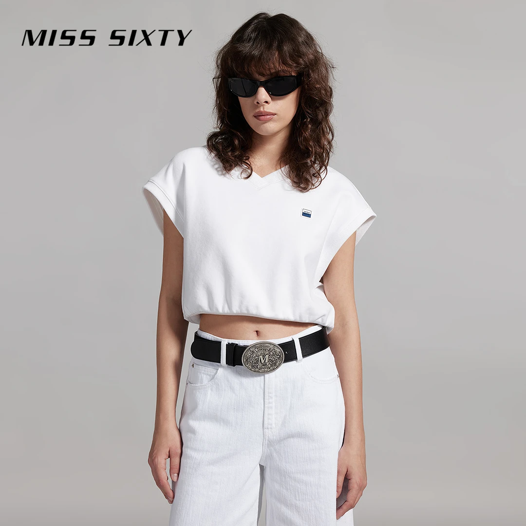 Miss Sixty夏季新款含天丝T恤女V领飞袖复古运动风短款上衣
