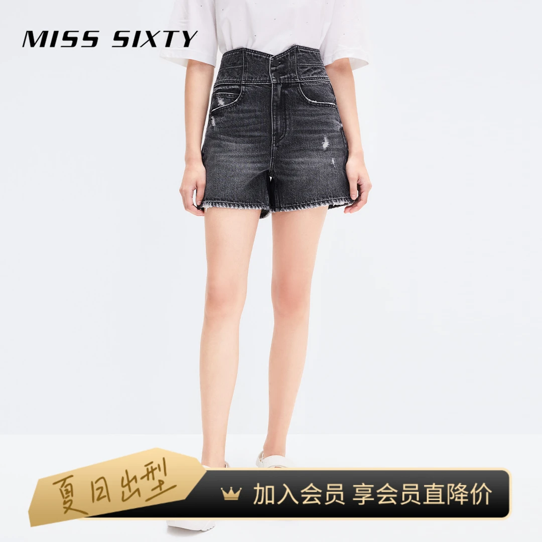 Miss Sixty双扣高腰刺绣兔子直筒夏牛仔短裤风感波粒
