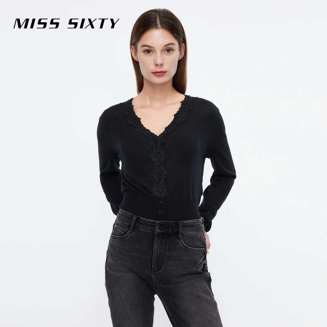 Miss Sixty针织外套女气质蕾丝V领优雅修身显瘦法式精致复古小衫