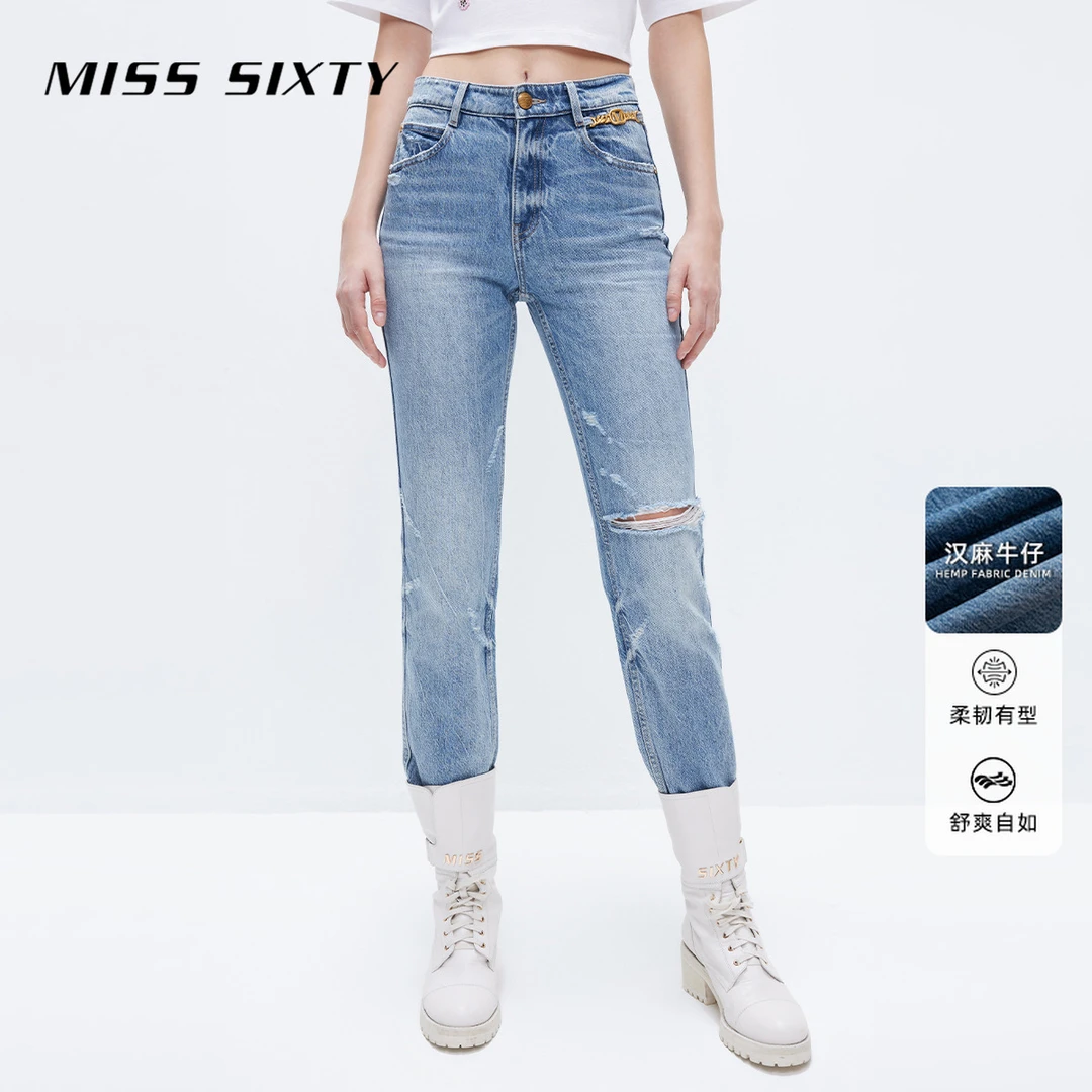 Miss Sixty春季牛仔裤女金属链条破洞潮酷百搭显瘦裤尤莱特