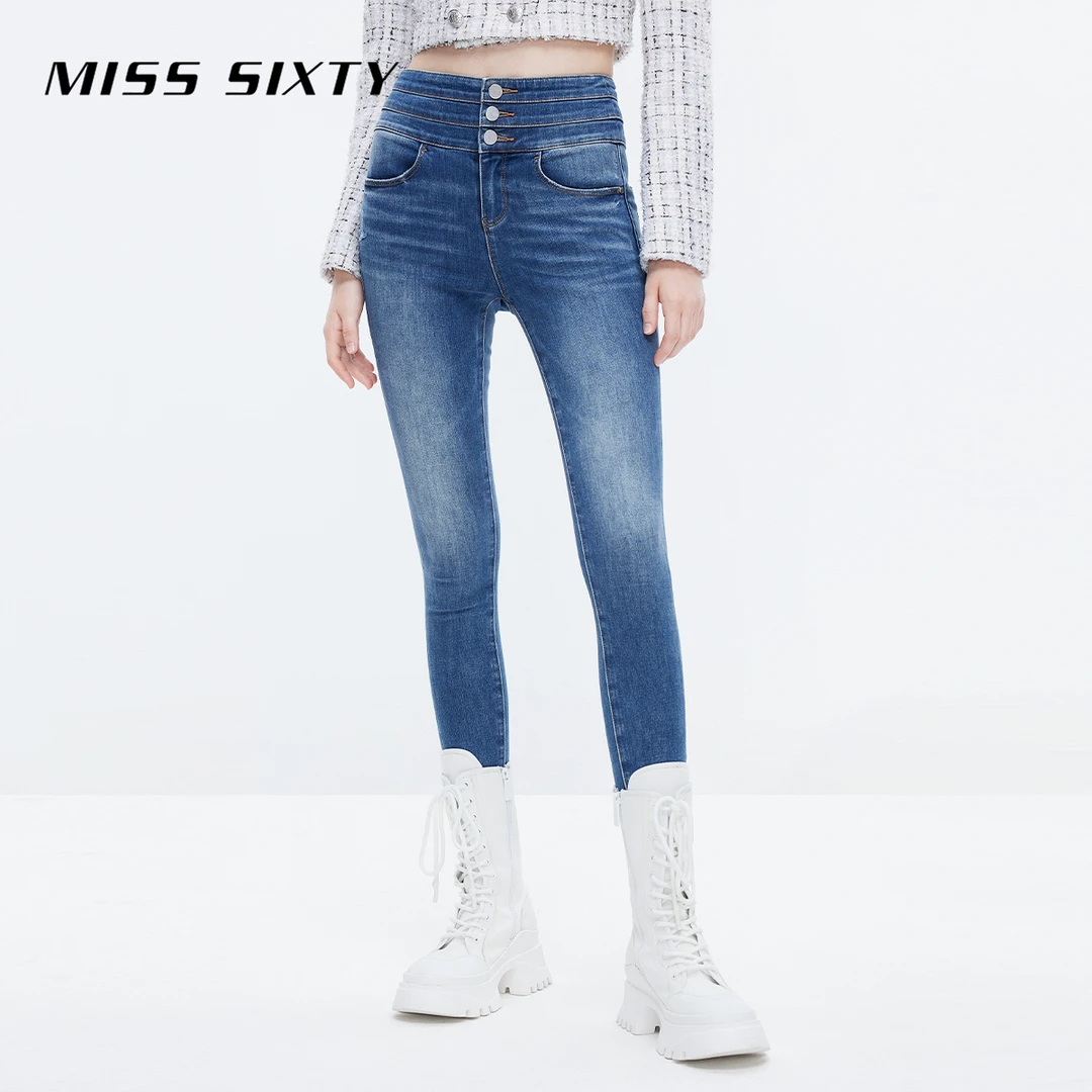 MISS SIXTY磨毛牛仔裤女三环高腰弹力修身显瘦小脚铅笔裤