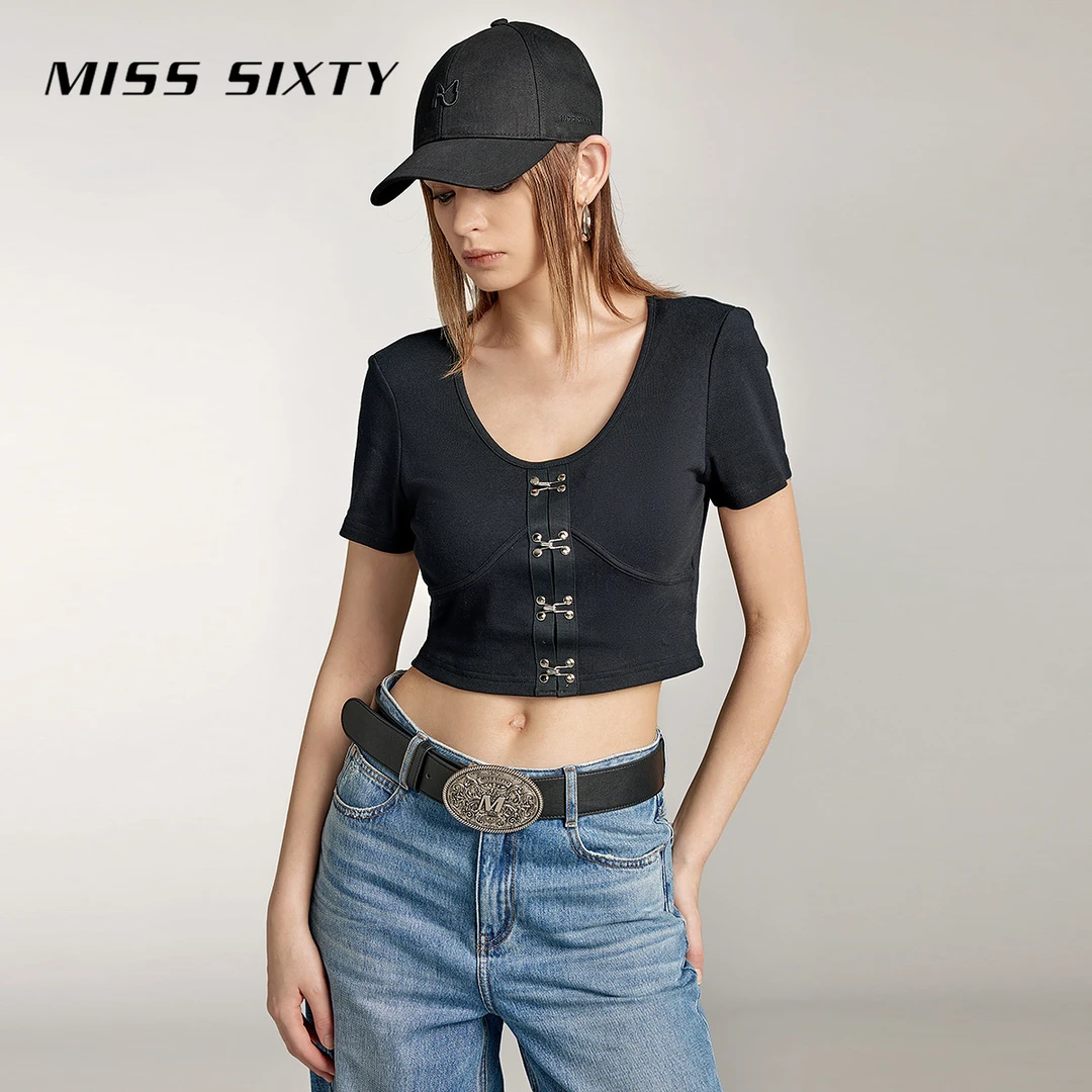 Miss Sixty夏季T恤女U领纯棉弹力短袖搭扣设计甜辣风高能感