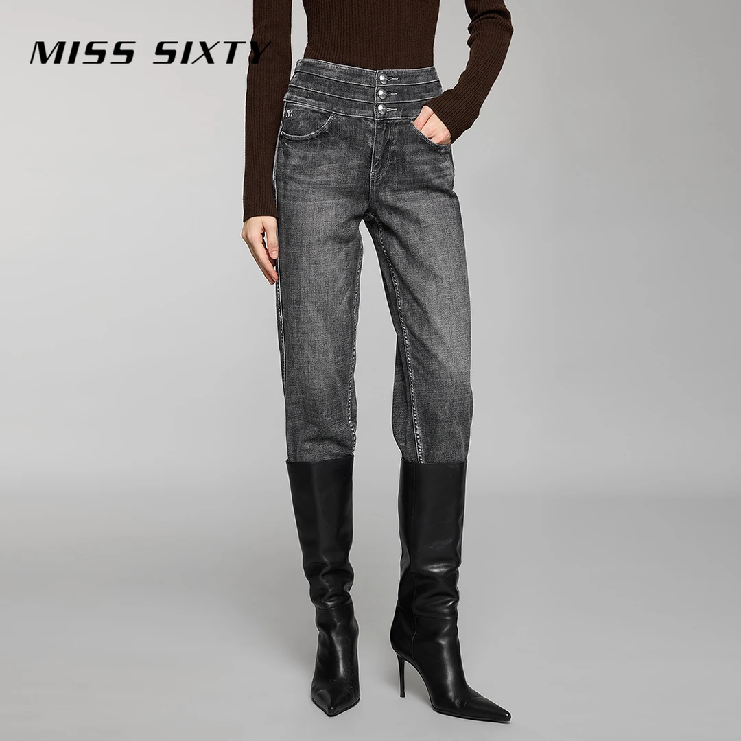 【进口牛仔面料】Miss Sixty牛仔裤女三环高腰复古黑灰八分直筒