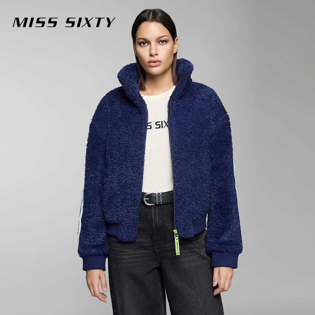 Miss Sixty时尚外套女立领撞色拉链仿羊羔毛加厚保暖棉服