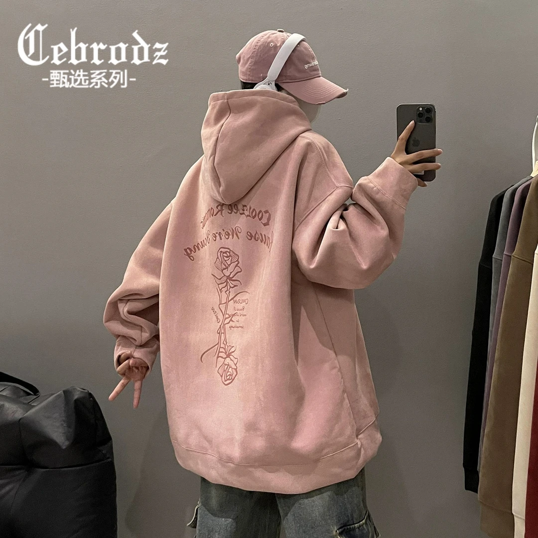 Cebrodz加绒加厚美式复古潮牌宽松连帽情侣卫衣休闲男女帽衫外套