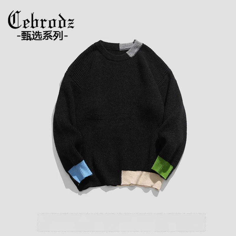 Cebrodz日系撞色圆领针织衫男士秋冬季潮牌休闲痞帅保暖套头毛衣
