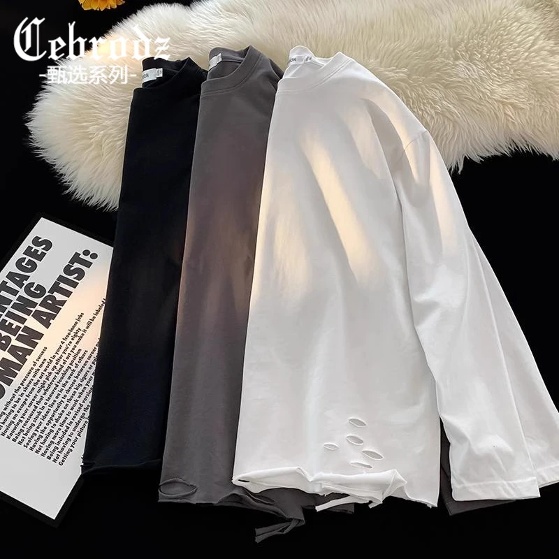 Cebrodz秋冬新款破洞长袖t恤男士内搭圆领打底衫潮牌宽松百搭上衣