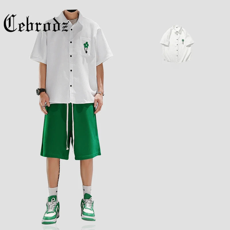 Cebrodz华夫格短袖衬衫男士夏季薄款港风复古日系潮牌ins大码外套