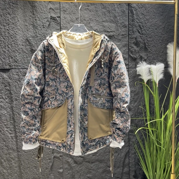 新款休闲连帽时尚花纹工装大口袋棉服外套春季男士潮流印花外穿