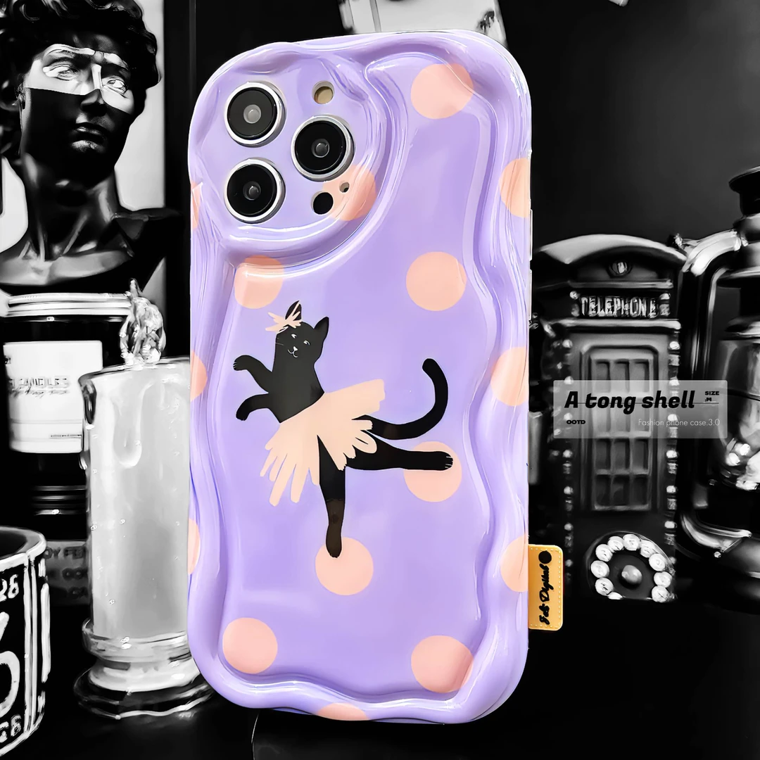 A tong shell可爱跳舞波点猫咪iphone15promax手机壳13网红女款14